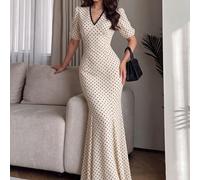 Robe sirène à col en V à pois crème, robe longue à manches courtes avec bordure en dentelle festonnée et queue de poisson, pour invitée de mariage, cocktail et rendez-vous en début d'automne L,M,S,XLP