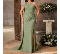 Robe sirène ajustée grande taille élégante et romantique avec épaule asymétrique, maille extensible, fronces, fente et volants patchwork, décoration en métal en forme d'étoile de mer, convient pour so