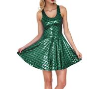 Robe sirène brillante pour femme - Imprimé écailles de poisson - Sans manches - Mini robe de carnaval - Aspect métallique - Robe patineuse pour Halloween, cosplay, festival, #005-vert foncé, S