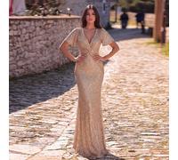 Robe sirène élégante à col en V avec sequins et manches courtes, design torsadé à la taille. Parfaite pour un gala de remise de prix, un tapis rouge, un mariage formel, une soirée à l'opéra, un bal de