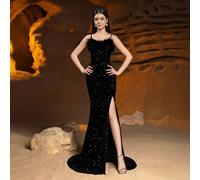 Robe sirène élégante à paillettes Alisa&Leo - Col avec garniture de plumes, fendue et ajustée - Convient pour les danses, les anniversaires, les galas et les mariages 14Y,13Y,16Y,15YUnicoloreSequins