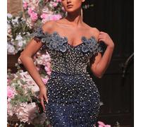 Robe sirène élégante et luxueuse à une épaule, avec broderie 3D florale, perles et strass. Convient pour les fêtes, événements pour célibataires, vacances, bals, galas (broderie lourde) L,M,S,XSImprim
