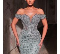 Robe sirène élégante et luxueuse avec fleurs perlées et sequins, épaules dénudées. Convient pour les mariages, les fêtes, les vacances, les galas et les occasions formelles (ornementation lourde) L,M,