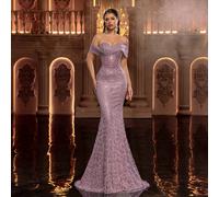 Robe sirène élégante et luxueuse avec perles, broderie de sequins et épaules dénudées, convient pour les mariages, les fêtes, les vacances, les galas et les événements formels (ornementation lourde) L