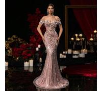 Robe sirène élégante et luxueuse avec perles, sequins et fleurs 3D à épaules dénudées, convient pour les mariages, événements, vacances, galas et occasions formelles (ornementation lourde) L,M,S,XSPla