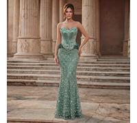 Robe sirène élégante et luxueuse avec perles, sequins et fleurs 3D au col ras-du-cou. Convient pour les mariages, événements, fêtes, vacances, galas (ornementation lourde) L,M,S,XSUnicoloreÉtoffe
