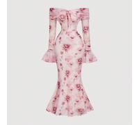 Robe sirène élégante rose à fleurs pour femmes, épaules dénudées, manches trompette, robe de soirée de luxe pour invitée de mariage, chic pour thé d'été et conversation thé, élégance L,M,S,XL,XS,XXL,X