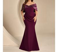 Robe sirène grande taille Coutiva à épaules dénudées avec fausses perles et paillettes, robe de soirée élégante et formelle vintage bordeaux pour toutes les saisons, robe de soirée en satin ajustée et