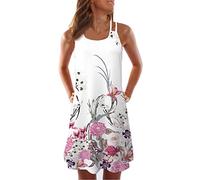 Robe Sling Femme，SANFASHION Robe Col Ronde Florale Boho Mini Robe sans Manches Shirt Robe à Bretelles Fines Casual ete Plage Robe Débardeur Simple (L, ZZ- Rose Florale)