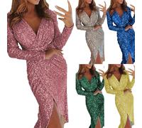 Robe Soirée Femme Chic Et Elegant Mariage Paillettes, Robe Sequins Femme Manches Longues, Robes Col V Jupe A Paillette Tempérament Pétillant 2025 Nouveau Dress Brillant Robes Couleur Unie Jupe