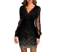Robe Soirée Femme Grande Taille, Robe Sexy Femme Manche Longue Impression de Maille Col V Court Robes Transparent Chic et Charmant Fashion Sequins Dress Casual Moulante Slim pour Soiree Cocktail