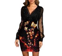 Robe Soirée Femme Grande Taille, Robe Sexy Femme Manche Longue Impression de Maille Col V Court Robes Transparent Chic et Charmant Fashion Sequins Dress Casual Moulante Slim pour Soiree Cocktail