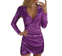 Robe Soiree Paillette Femme Grande Taille,Robe Sexy Femme Col V,Robe Courte Moulante Manches Longues Costume de Fête de Mode Sequins Robes Couleur Unie Vintage Chic et Charmant de Cocktail