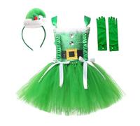 Robe Soiree Princesse,Robe Tutu en Maille pour Filles Ensembles de Performance 3 pièces vêtements de noël avec et Couvre-Chef (Green, 6-7 Years)