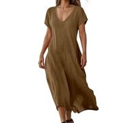 Robe SoiréE, Robe en Lin Fluide à Col V Et Manches Courtes Robe Maxi LéGèRe pour L'éTé Et La Plage