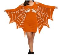 Robe Squelette Main pour Femme Halloween Décolleté Épaule Manches Aile Chauve Souris Swing Style Gothique en Satin pour Soirée Costumée Fête Fantôme(Orange, XL)