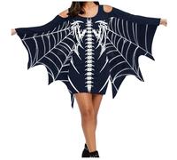 Robe Squelette pour Femme Halloween Décolleté Épaule Manches Aile Chauve Souris Swing Imprimé Squelette Style Gothique en Velours pour Soirée Déguisée(Navy, S)