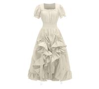 Robe Steampunk Femme Taille SmockéE- Robe MéDiéVale Femme Manches Courtes-Robe Vintage Volants Col CarréE Style Retro Halloween Costume Cour Renaissance Victorienne Carnaval Cosplay Gothique Dress