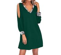 Robe Strass et Paillettes Femmes Courte - Manche Longue - Soirée Grandes Tailles Sexy Col V Magnifique Coloriés Lâche épissure Sequin Brillant Tempérament Chic Short