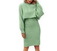 Robe Stretch en Viscose pour Femme - Manches Longues - Style Paresseux - Tricot Solide - Deux Pièces - Mi-longue en Laine - Maternité, Vert Menthe