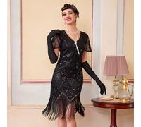 Robe style années 1920 Flapper, robe à manches, robe des années folles Harlem Nights pour mariage et soirée, noire L,M,S,XL,XXLUnicolorePolyester