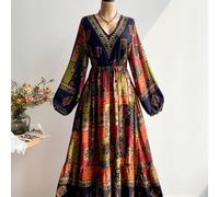 Robe style bohème imprimé patchwork manches lanterne, robe de thé pour femmes grande taille rouge élégante 0XL,1XL,2XL,3XL,4XLCoutume populaireTissu tissé
