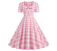 Robe Style Rétro Années 50 et 60 Vintage avec Col en Cœur, Vichy Fluide avec Nœud sur le Devant pour Femme