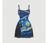 Robe style vintage avec imprimé chat noir & étoiles, superposition de maille, rayures bleues et jaunes, été, années 2010, escapade citadine, tenues de vacances à la plage pour femme, festival rave L,M