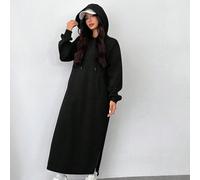Robe Sweat-shirt à capuche en tricot noir décontractée à manches longues et cordon de serrage pour femmes. Robe à capuche, robes à manches longues oversize, vêtements d'automne et d'hiver pour femmes 