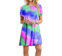 Robe swing d'été pour femme à manches courtes - Imprimé tie-dye tendance - Robe décontractée pour les journées chaudes, bleu, M