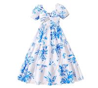 Robe swing imprimée à manches bouffantes pour enfants et filles, bleu, 10 ans