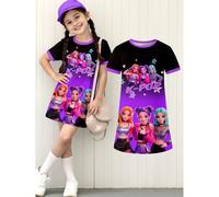 Robe T-shirt à imprimé numérique de groupe de filles idoles, dégradé violet et noir. à la mode et décontractée, convient pour le printemps/été 6Y,7Y,4Y,5YTout ImpriméPolyester