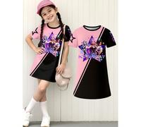 Robe t-shirt à imprimé numérique de groupe de filles idoles, rose et noir, tenue décontractée à la mode pour les filles, convient pour le printemps/été 6Y,7Y,4Y,5YCartoon,Géométrique,LettresPolyester