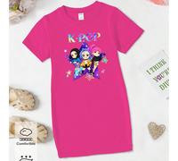 Robe t-shirt à manches courtes rose rouge de base, style décontracté, avec impression de slogan, de personnage de groupe virtuel de fille cool, d'étoile et de pentagramme coloré. Tenue décontractée co