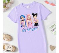Robe t-shirt à manches courtes violette, style de base, avec imprimé de personnage de groupe virtuel de fille mignonne kawaii, motif de cœur, d'étoile et de slogan. Confortable pour le port quotidien,