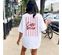Robe T-shirt ample décontractée pour femmes Ciao Bella à imprimé rayé, col rond, manches courtes, épaules tombantes, en tissu tricoté long, style mignon pour soirée L,M,S,XL,XS,XXL,XXXLLettresTissu tr