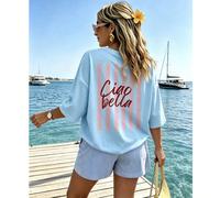 Robe T-shirt décontractée en denim bleu clair pour femmes, col rond, manches courtes, imprimée avec le texte "Ciao Bella", design dos rayé ample, style de rue et style de fête, Y2K L,M,S,XL,XXLLettres