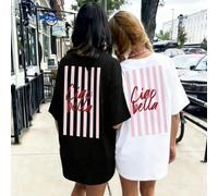 Robe T-shirt décontractée en denim noir & blanc à col ras-du-cou et manches courtes, imprimée avec le motif "Ciao Bella", design dos rayé ample, convient aux femmes, streetwear & fête, Y2K L,M,S,XL,XS