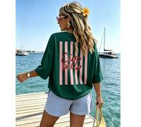 Robe T-shirt décontractée en denim vert forêt pour femmes, col rond, manches courtes, imprimée avec le motif "Ciao Bella", design dos rayé ample, style streetwear et fête L,M,S,XL,XXLGéométrique,Lettr