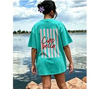 Robe T-shirt décontractée en jean vert lac pour femmes, col rond, manches courtes, imprimée avec le texte "Ciao Bella", design dos rayé ample, style de rue et style de fête L,M,S,XL,XXLLettres,RétroTi