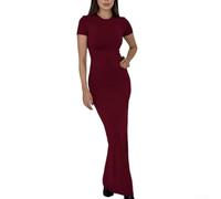 Robe t-shirt extensible à col rond et manches courtes pour femme - Coupe ajustée - Style décontracté - Ton uni - Pour fête, vacances, voyage - Noir (S rouge vin)