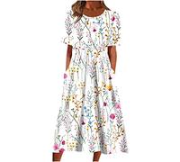 Robe t-shirt pour femme 2025 décontractée, grande taille, robe mi-longue, ample et fluide à imprimé floral bohème avec poches, 07 Blanc, Taille XL
