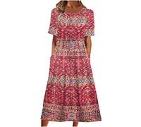 Robe t-shirt pour femme 2025 décontractée, grande taille, robe mi-longue, ample et fluide à imprimé floral bohème avec poches, 07 Rouge, Taille M