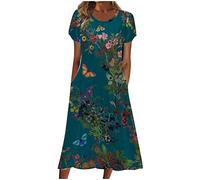 Robe t-shirt pour femme 2025 décontractée, grande taille, robe mi-longue, ample et fluide à imprimé floral bohème avec poches, 03 Bleu foncé, Taille 3XL