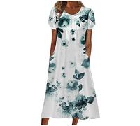 Robe t-shirt pour femme 2025 décontractée, grande taille, robe mi-longue, ample et fluide à imprimé floral bohème avec poches, 03 Bleu ciel, Taille XL