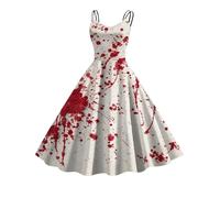 Robe Tachée de Sang Halloween Femme Imprimé Sanglant Sans Manches Jupe Deguisement A-Line Spaghetti Robes de Cocktail Halloween Imprimé Costume for Cosplay Costumes D'horreur Robe de Cocktail