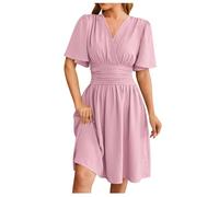 Robe Taille Empire Femme Col en V- Robe Ete Manches Évasées Couleurs Pures Plissée Chic Et Élégants Coupe Ample Simple Casual Fluide Comfortable De Tous Les Jours Streetwear Dress 2025