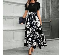 Robe taille haute imprimée à manches courtes et col rond noué sur le devant pour l'été, les vacances, la plage, les vacances, coupe régulière, vêtements en polyester pour femmes (taille M, blanc)