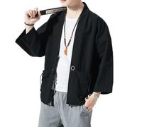 Robe taoïste à manches trois-quarts de style chinois, costume Tang et Hanfu pour hommes, grande taille, kimono antique de style japonais, veste cardigan antique pour hommes - Noir - L