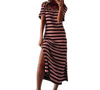 Robe Tee Shirt Femme Longue rayé col v Robe de Plage Femme ete Grande Taille Robe Droite Femme Chic et Elegant fenude Maxi Robe Femme Casual Simple Vintage Retro Manche Courte (Pink, L)